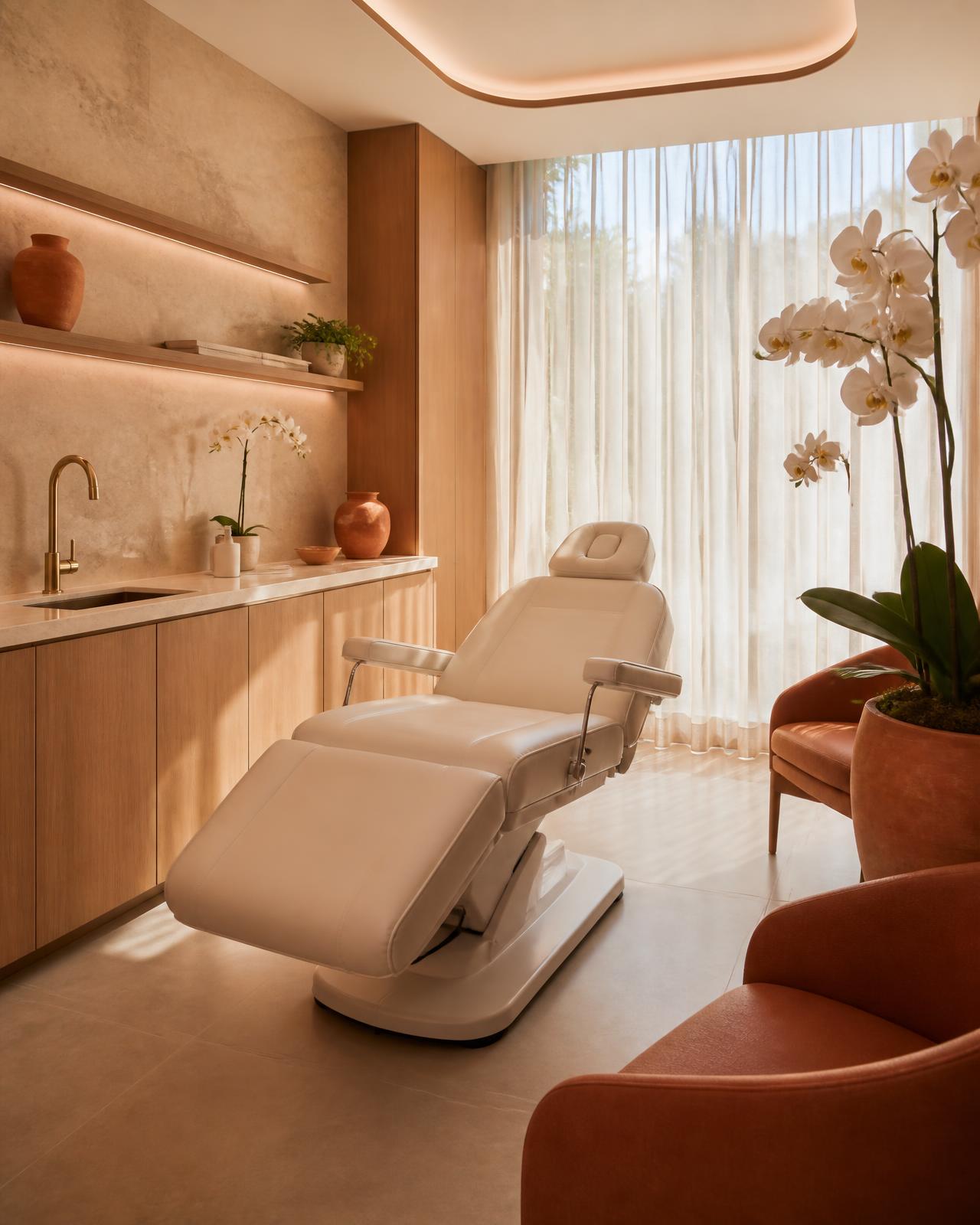 Sala de atendimento de uma clínica de estética moderna em tons de areia e terracota